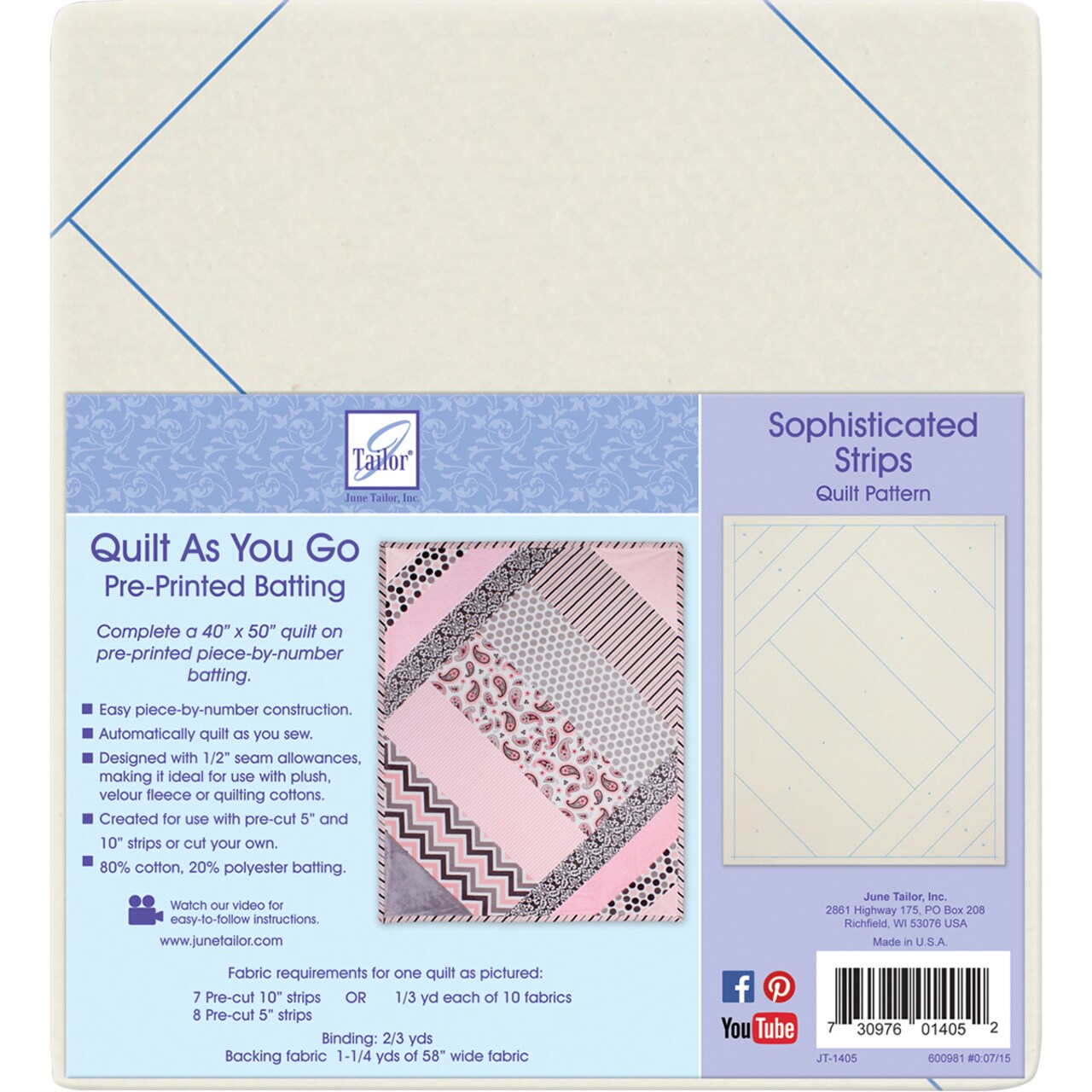 June Tailor Quilt As You Go Printed Quilt Blocks On Batting-Sophisticated Strips
